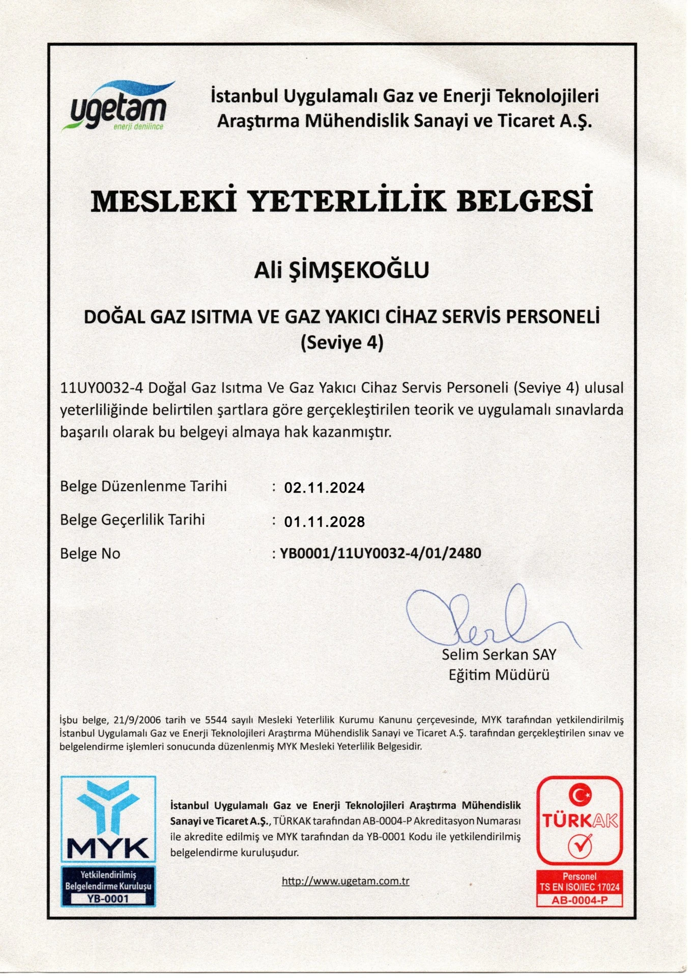 MYK Mesleki Yeterlilik Belgesi - Şimşek Teknik
