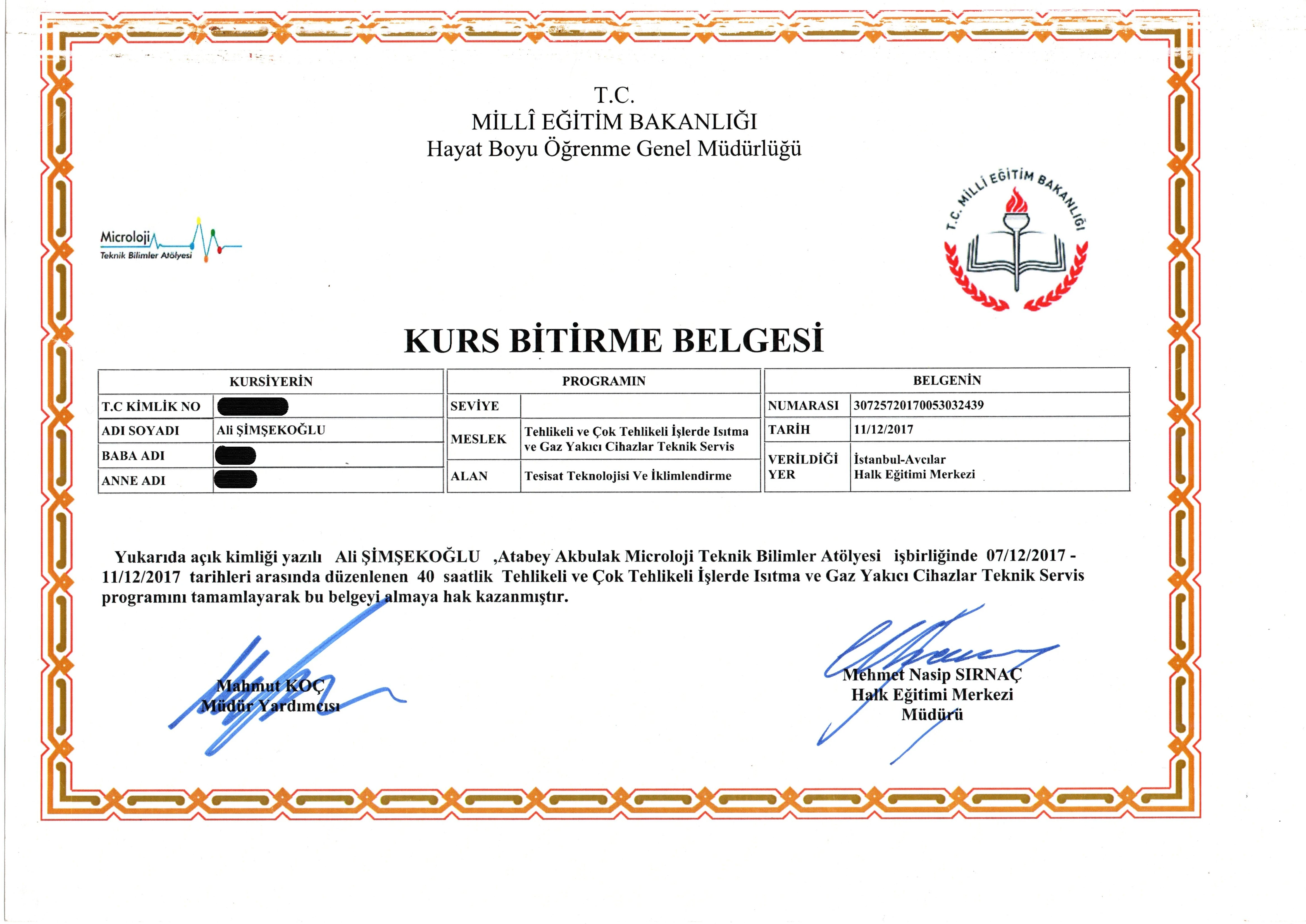 Milli Eğitim Bakanlığı Isıtma ve Gaz Yakıcı Cihazlar Teknik Servis Belgesi - Şimşek Teknik