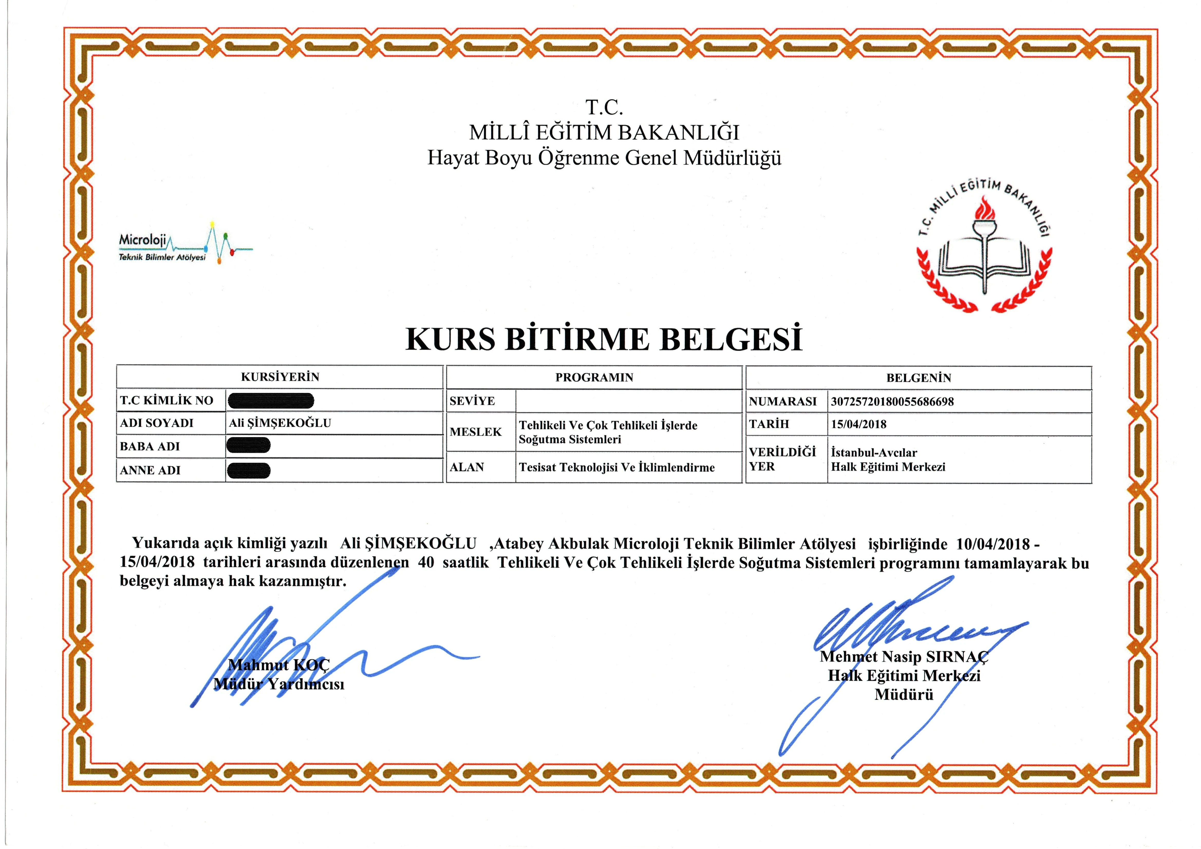 Milli Eğitim Bakanlığı Soğutma Sistemleri Belgesi - Şimşek Teknik