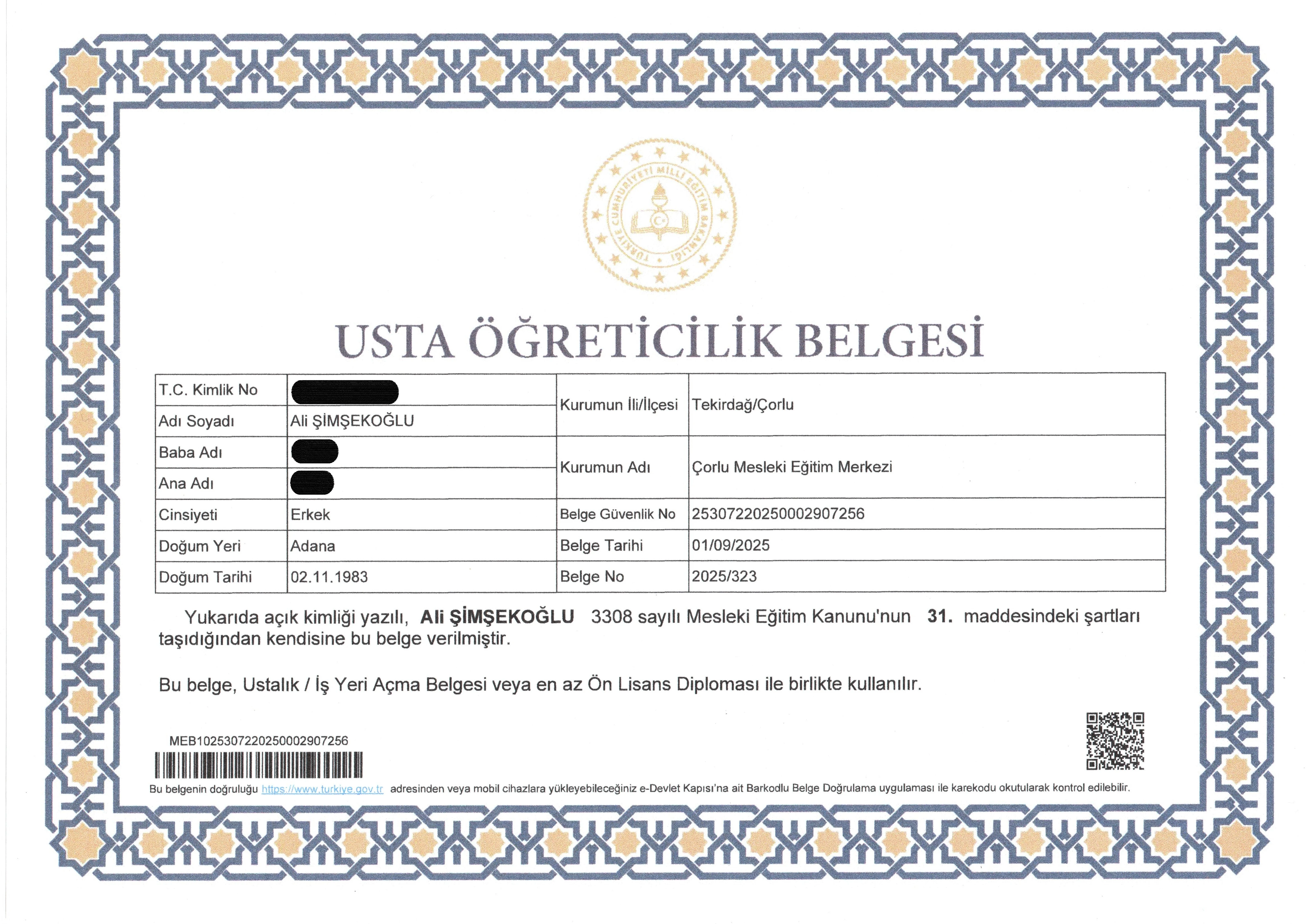 Milli Eğitim Bakanlığı Usta Öğreticilik Belgesi - Şimşek Teknik