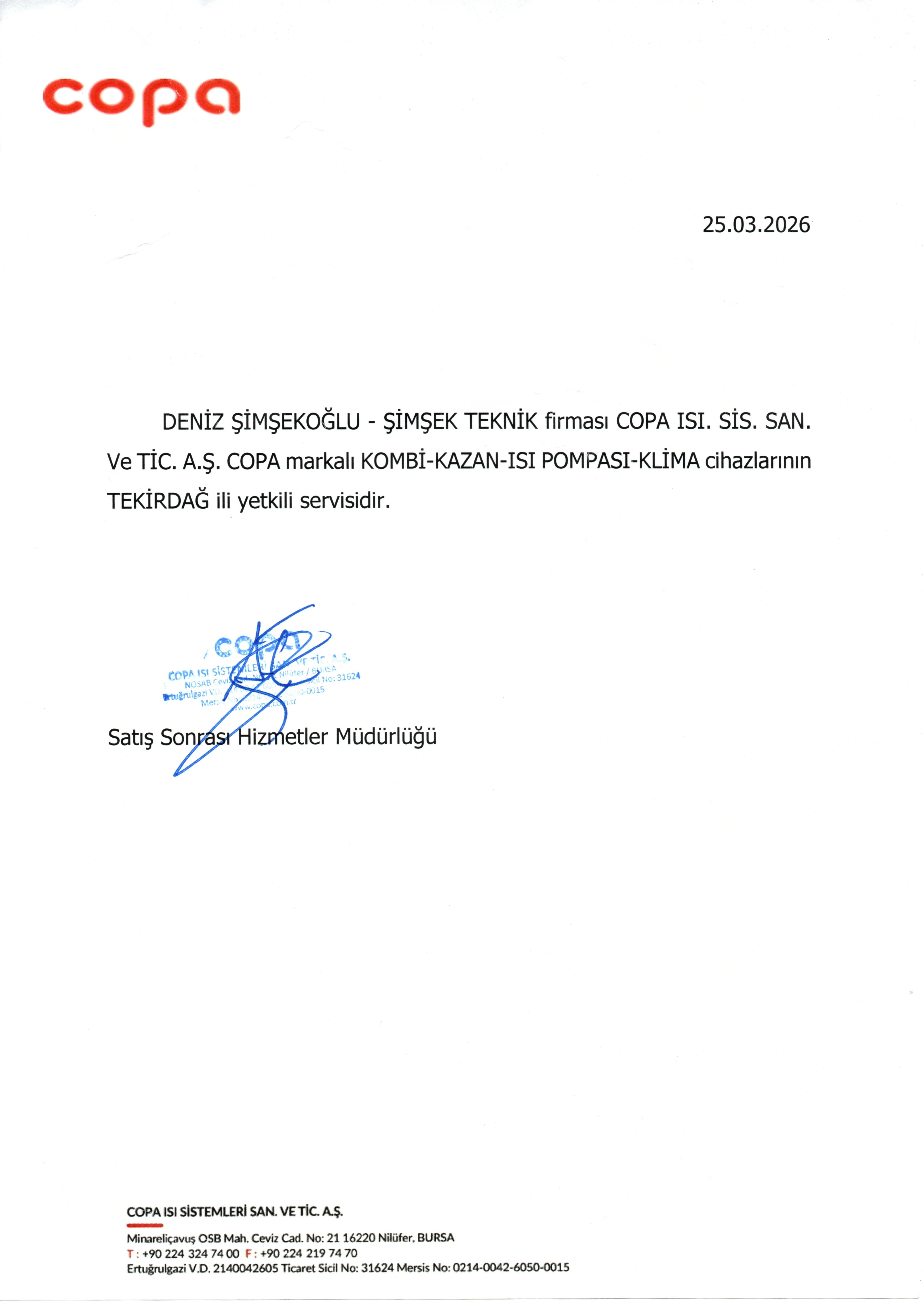 Copa Yetkili Servis Belgesi - Şimşek Teknik
