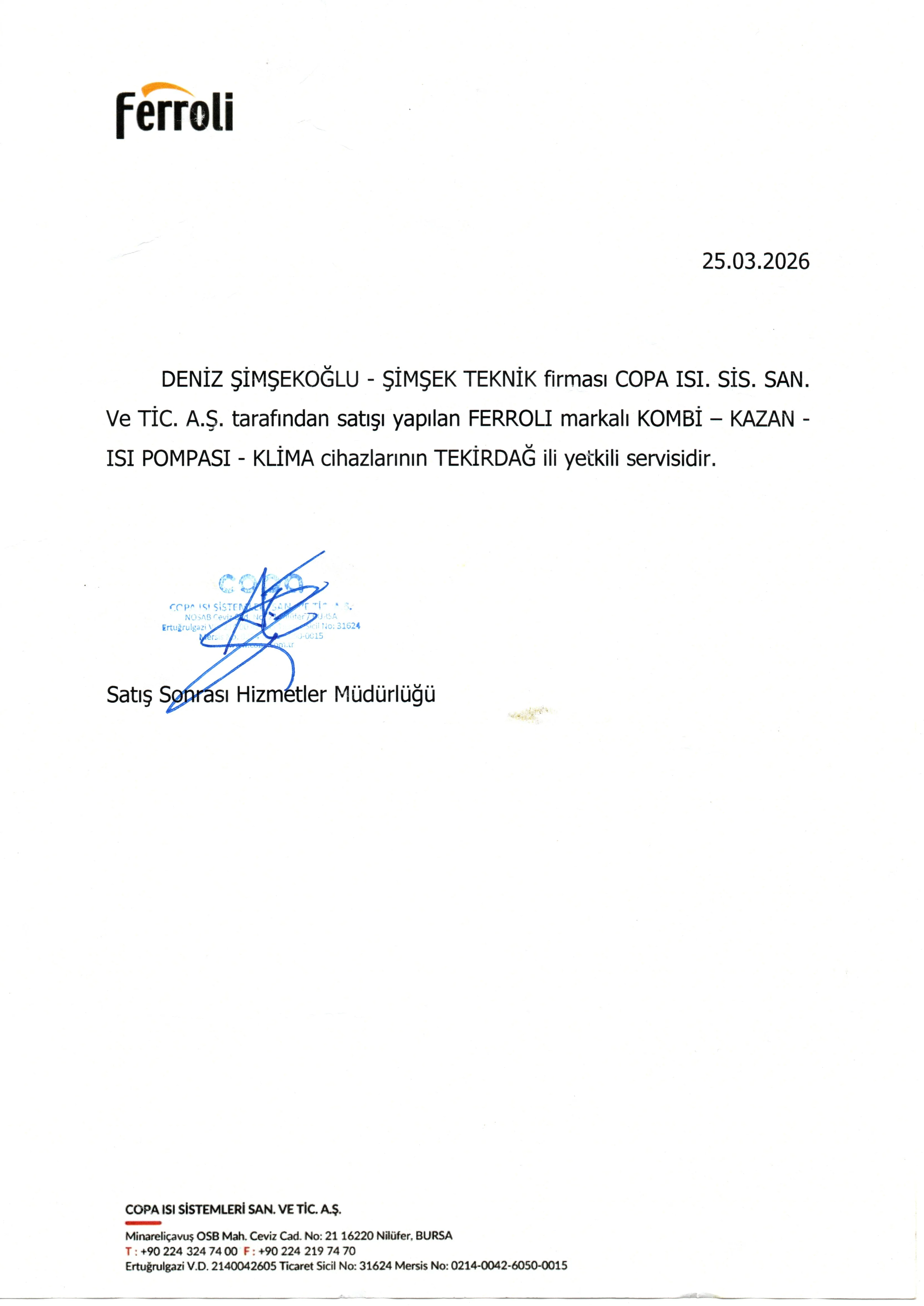 Ferroli Yetkili Servis Belgesi - Şimşek Teknik