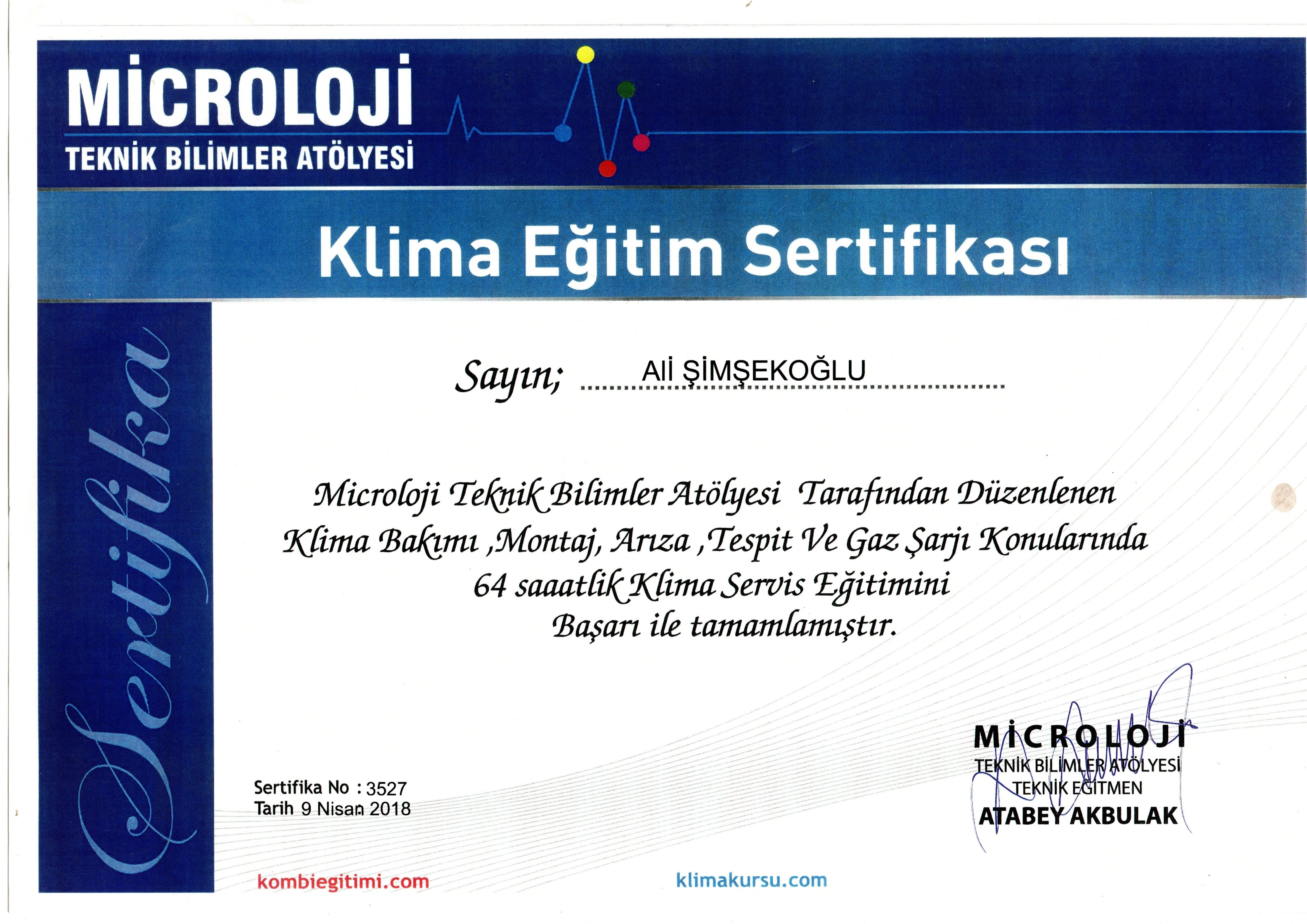 Klima Eğitim Sertifikası - Şimşek Teknik