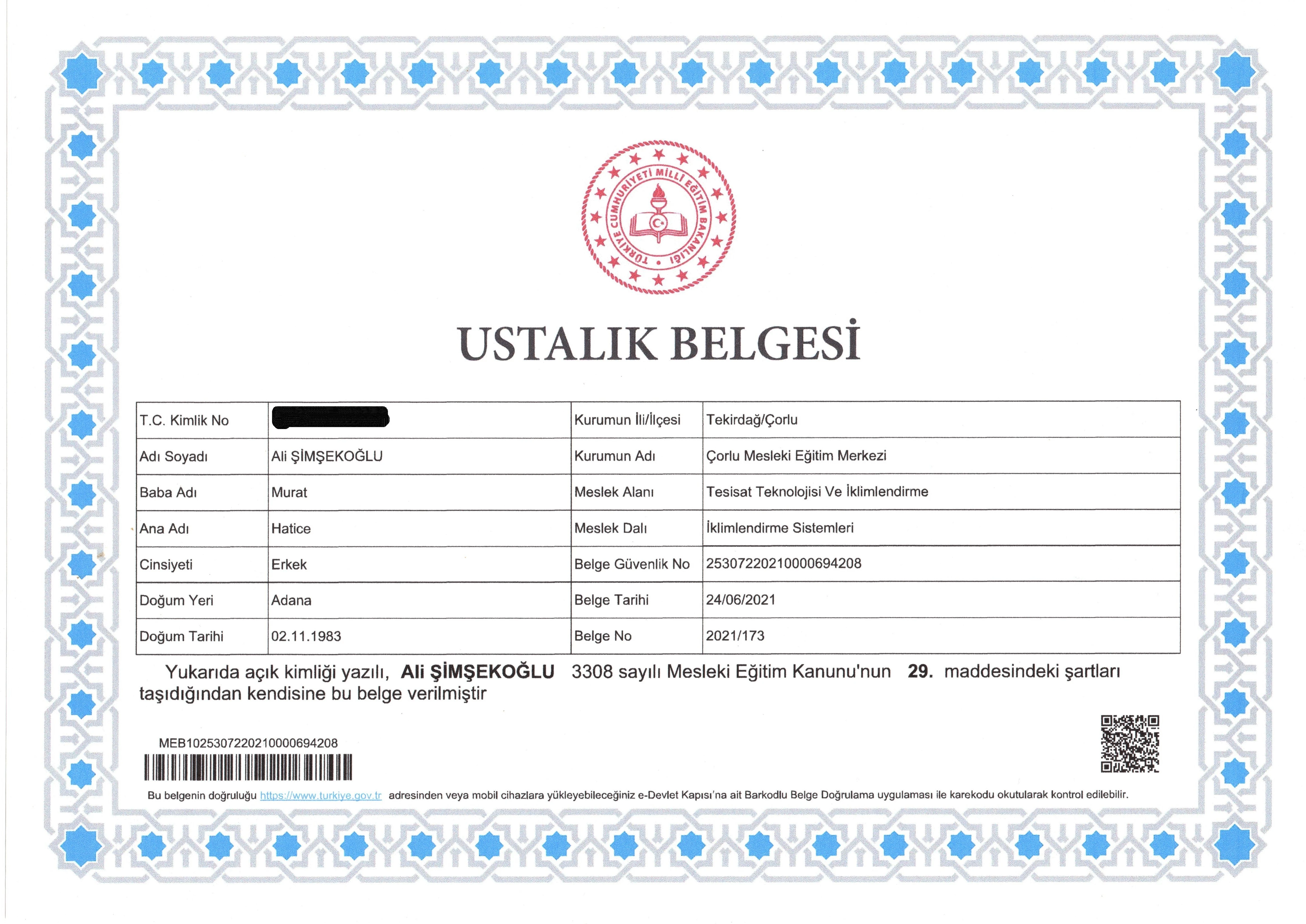 Milli Eğitim Bakanlığı İklimlendirme Sistemleri Ustalık Belgesi - Şimşek Teknik