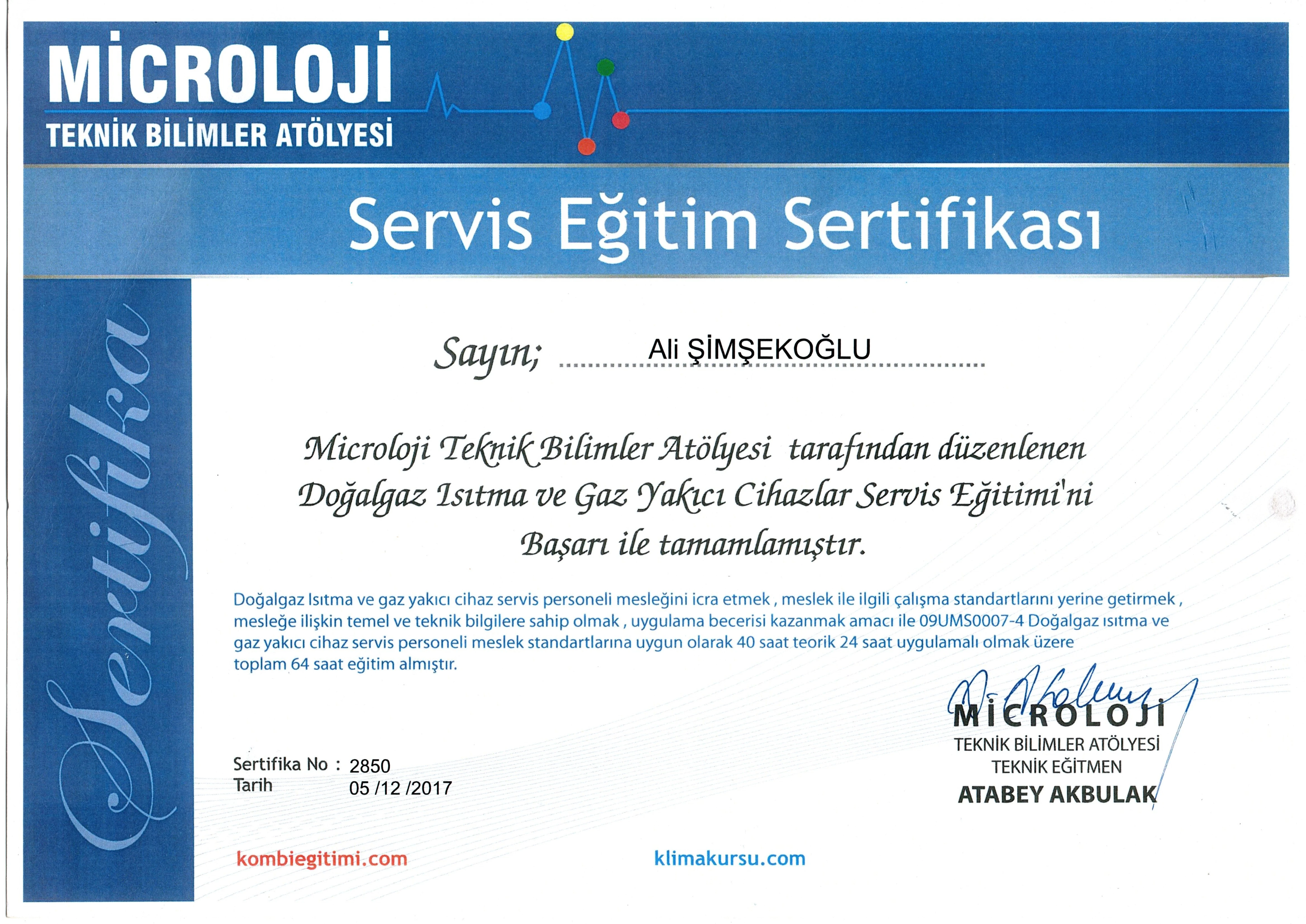Servis Eğitim Sertifikası - Şimşek Teknik